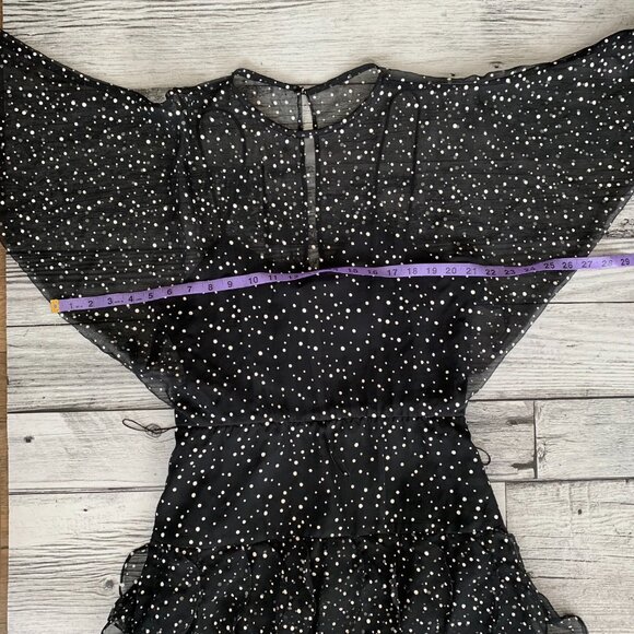 Vintage 80s 90s Sheer Polka Dot Overlay Tiered Ruffle Skirt Dolman Sleeve Dress - Picture 12 of 16